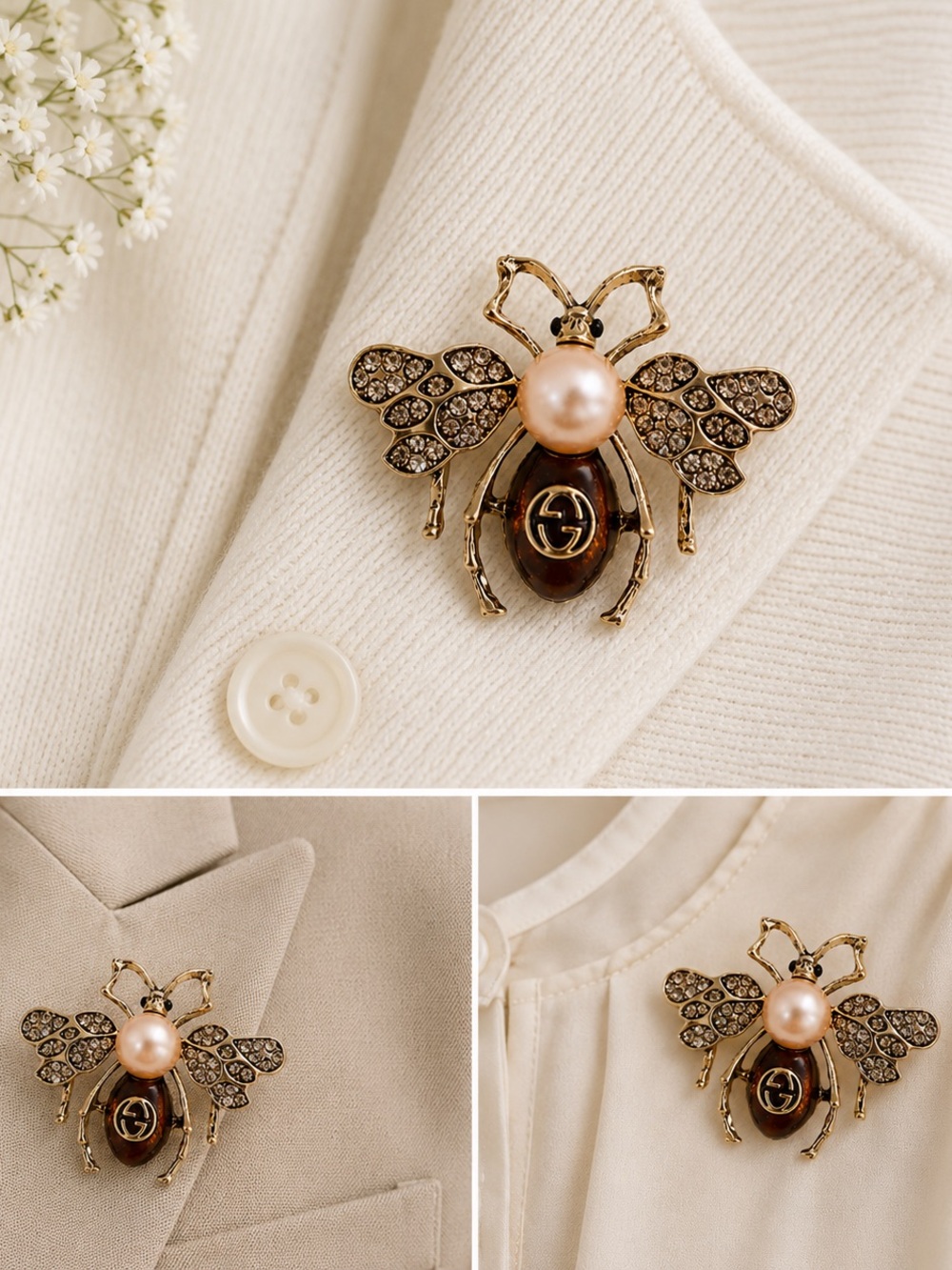 Gold Tone Bee Brooch with Ivory Pearl Accent - Picture 2 of 3